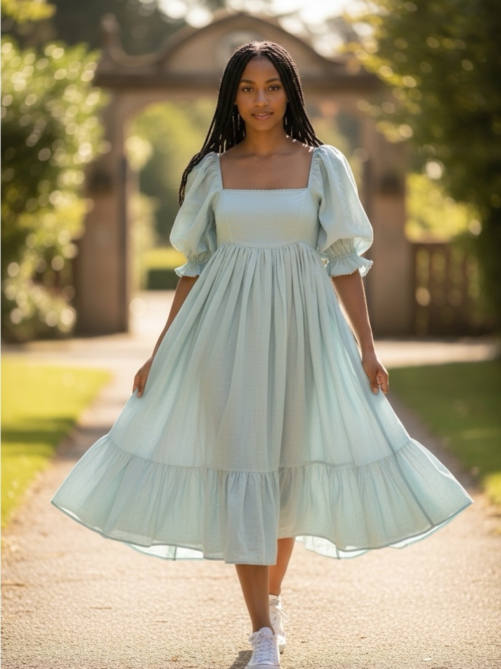 Selkie Light Blue Smocked Square-Neck Puff Sleeve Midi Dress - Picture 1 of 15
